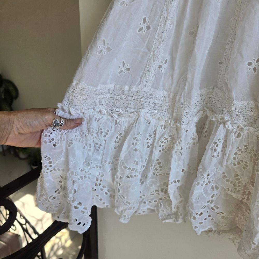 ByTiMo XS Dress Cotton Slub Eyelet Lace See Through Flower White Mini Dress - Picture 4 of 11